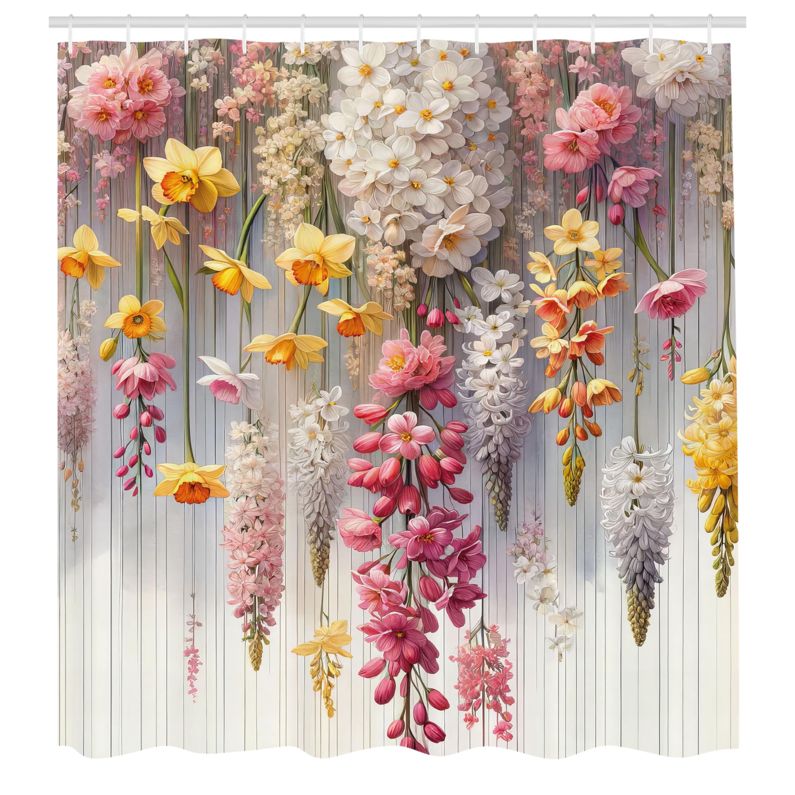 Ambesonne Spring Shower Curtain, Farmhouse Dream Theme Lavenders Blooming Flowers With Abstract Stripes, Cloth Fabric Bathroom D